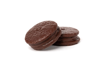 Chocolate cookies isolated on white background. Chocolate pie.