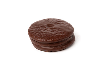 Chocolate cookies isolated on white background. Chocolate pie.