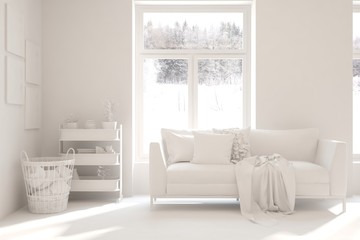 Mock up of stylish room in white color with sofa and winter landscape in window. Scandinavian interior design. 3D illustration