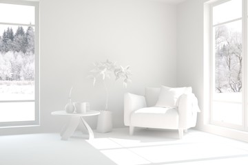 White stylish minimalist room with armchair and winter landscape in window. Scandinavian interior design. 3D illustration