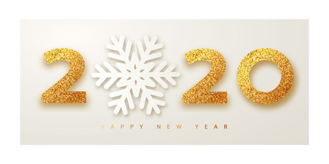 Merry Christmas and Happy new year 2020 banner with golden luxury numbers and snowflake. Gold Festive Numbers Design. Vector illustration