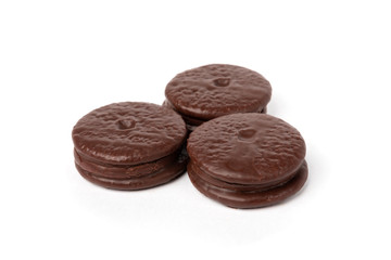 Chocolate cookies isolated on white background. Chocolate pie.