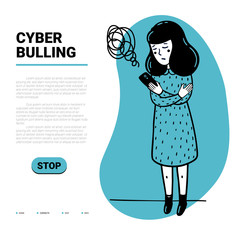 Cyber bulling web template. Sad girl reading mean abusive text messages on her phone and place for text. Flat style vector illustration on white background