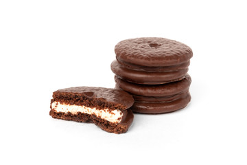 Chocolate cookies isolated on white background. Chocolate pie.