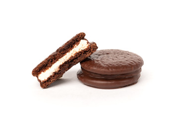 Chocolate cookies isolated on white background. Chocolate pie.