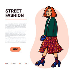 Street fashion. Beautiful girl in trendy clothes. Urban casual outfit. Hand drawn Vector illustration