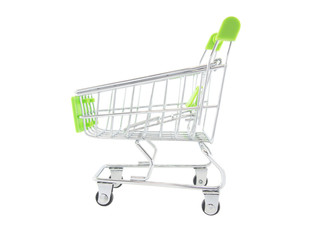 Empty shopping trolley cart isolated on white background. Side view.