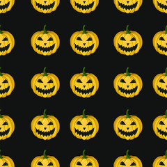Vector seamless pattern with scary Halloween pumpkins on black background. Halloween design for greeting card, gift box, fabric, web design.
