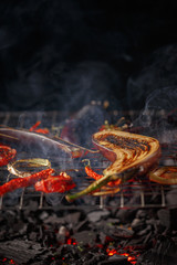 Eggplant vegetables, tomatoes, onions and peppers are grilled.