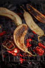Eggplant vegetables, tomatoes, onions and peppers are grilled.