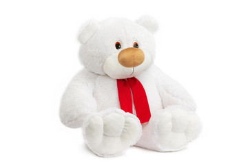 Image of white toy teddy bear sitting at isolated white background.