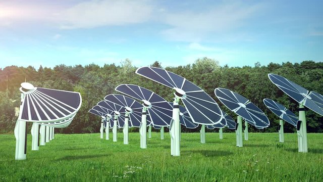 futuristic looking solar power station on green field