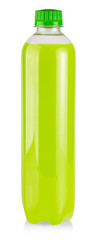 The plastic bottle with green juice on white