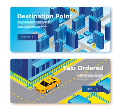 Vector taxi service banner templates concept, cab gps route on city map, car waiting for client. With place for your text