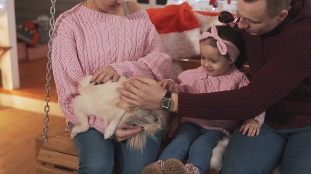 Family in pink and red pullovers sitting on swing near christmas tree at porch. Happy young family at christmas decoration with daughter and dog. Family concept in slow motion