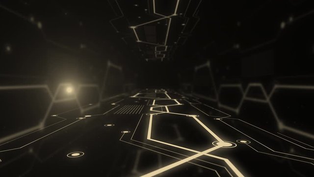 Futuristic tunnel with light blockchain lanes.