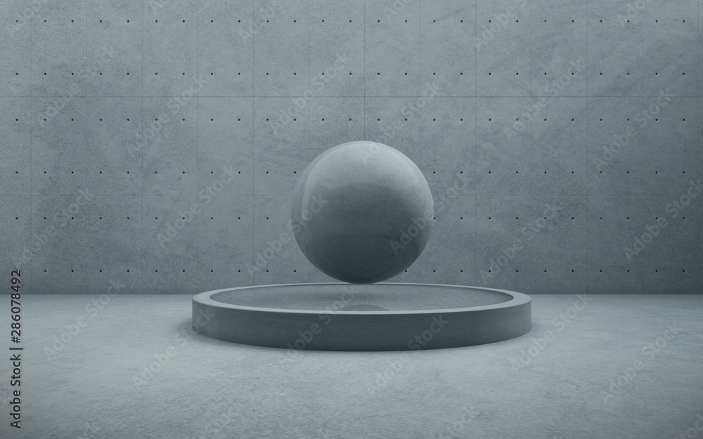 Poster abstract of concrete museum space with sun light cast the shadow on the wall and circle pond,sphere 