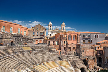 Fototapeta na wymiar Panoramic view of the Greek theater of Catania, in Sicily Italy.