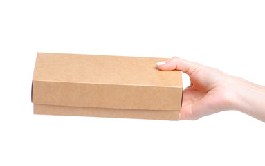 Brown box in hand on white background isolation