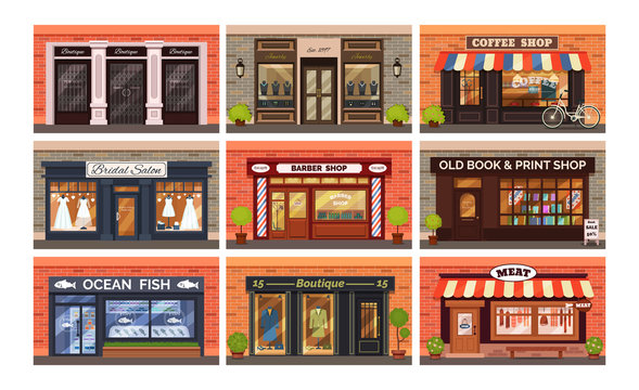 Retro shop store facade with storefront large window, columns and brick wall set. Facade residential building front view jewelry barber boutique wedding seafood book coffee shop. Vector illustration