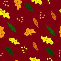 Fototapeta na wymiar a dark red background with yellow and brown leaves