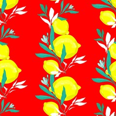 Seamless pattern Lemons with leaves on a red background . Trend design print for summer spring textile. Vector, illustration. Sketchy fruity.