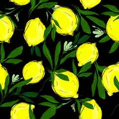 Seamless pattern Lemons with leaves on a black background . Trend design print for summer spring textile. Vector, illustration. Sketchy fruity.