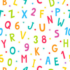 Alphabet, number cartoon pattern with stars isolated on white.