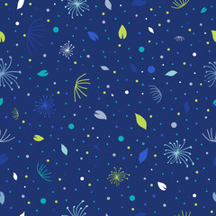 Bright blue hand drawn floristic vector seamless pattern