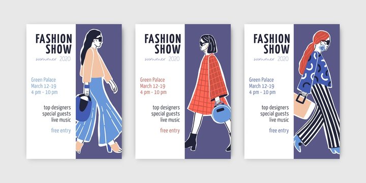 Bundle of fashion show invitation templates with young top models wearing trendy clothes and doing catwalk or demonstrating apparel on runway. Hand drawn vector illustration for event announcement.