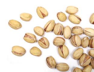 Pistachios isolated on white background, top view