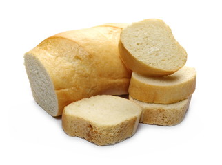Bread loaf with slices isolated on white background