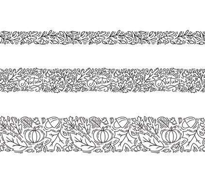 Set of seamless pattern ornament monoline with acorns, pumpkin and autumn oak leaves in black. Perfect for wallpaper, gift paper fill, web page background, greeting card