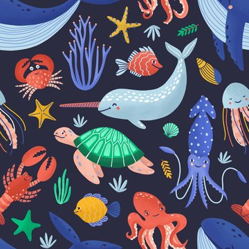 Seamless pattern with happy sea word creatures. Backdrop with underwater fauna or cute ocean animals on dark background. Flat cartoon childish vector illustration for wrapping paper, fabric print.