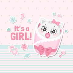 It's a girl baby shower card with cute cartoon cat. New born baby girl greeting card. Vector illustration
