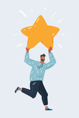 Man character running and holding up star.