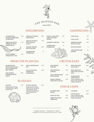 Menu template for a fish restaurant. Seafood. Vector design menu with marine elements: algae, shells, seahorse, corals.
