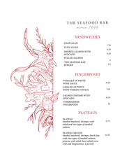 Sea food menu for a fish restaurant. Menu template. Vector design menu with marine elements: algae, shells, seahorse, corals.
