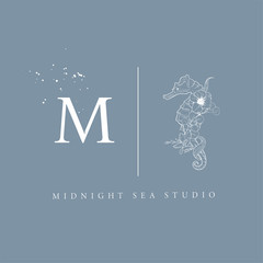 Simple logo with a monogram and a seahorse complemented by ink spots. Hand drawn vector illustrations. Perfect for labels, badges, logo, branding. © twins_nika
