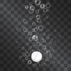 Soluble pill surrounded by fizzling bubbles in water on transparent liquid background. 3d vector illustration for medication posters, pharmaceutical ads. Vitamin or painkiller fast metabolized drug.