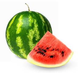 Whole fresh ripe watermelon and a slice on a white isolated background. Bright saturated colors and...