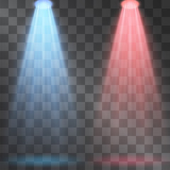 Blue and red light projector beams set. Glowing stage isolated on transparent background. Show scene soffits to focus attention. Performance for competition, fight, confrontation banners, posters.