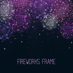 Fireworks light effect, shining bright decorative design template for posters, banners, invitation. Glowing round shape neon backgrounds in pink, rose and violet colors. Sparkles energy explosion. © Manon Labe