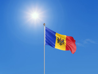 3D illustration. Colored waving flag of Moldavia on sunny blue sky background.