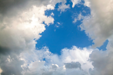 Cumulus clouds gather before the rain against a clear blue sky. Natural landscape.