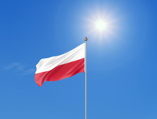 3D illustration. Colored waving flag of Poland on sunny blue sky background.
