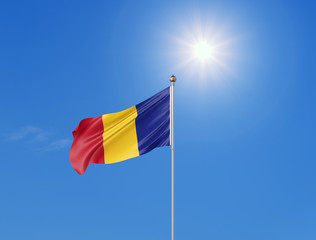 3D illustration. Colored waving flag of Romania on sunny blue sky background.