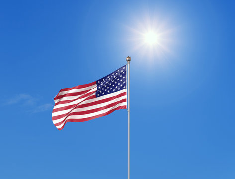 3D illustration. Colored waving flag of United States of America on sunny blue sky background
