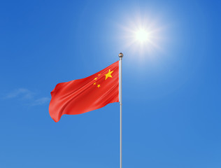 3D illustration. Colored waving flag of China on sunny blue sky background.