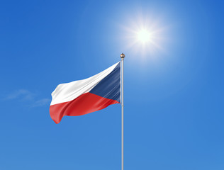 Fototapeta na wymiar 3D illustration. Colored waving flag of Czech Republic on sunny blue sky background.